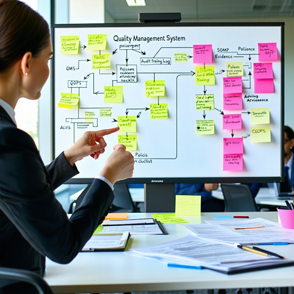 A modern office setting where a diverse team of professionals is engaged in a quality assurance meeting In the foreground a woman is pointing to a digital screen displaying a flowchart of a Quality Management System QMS with highlighted links between